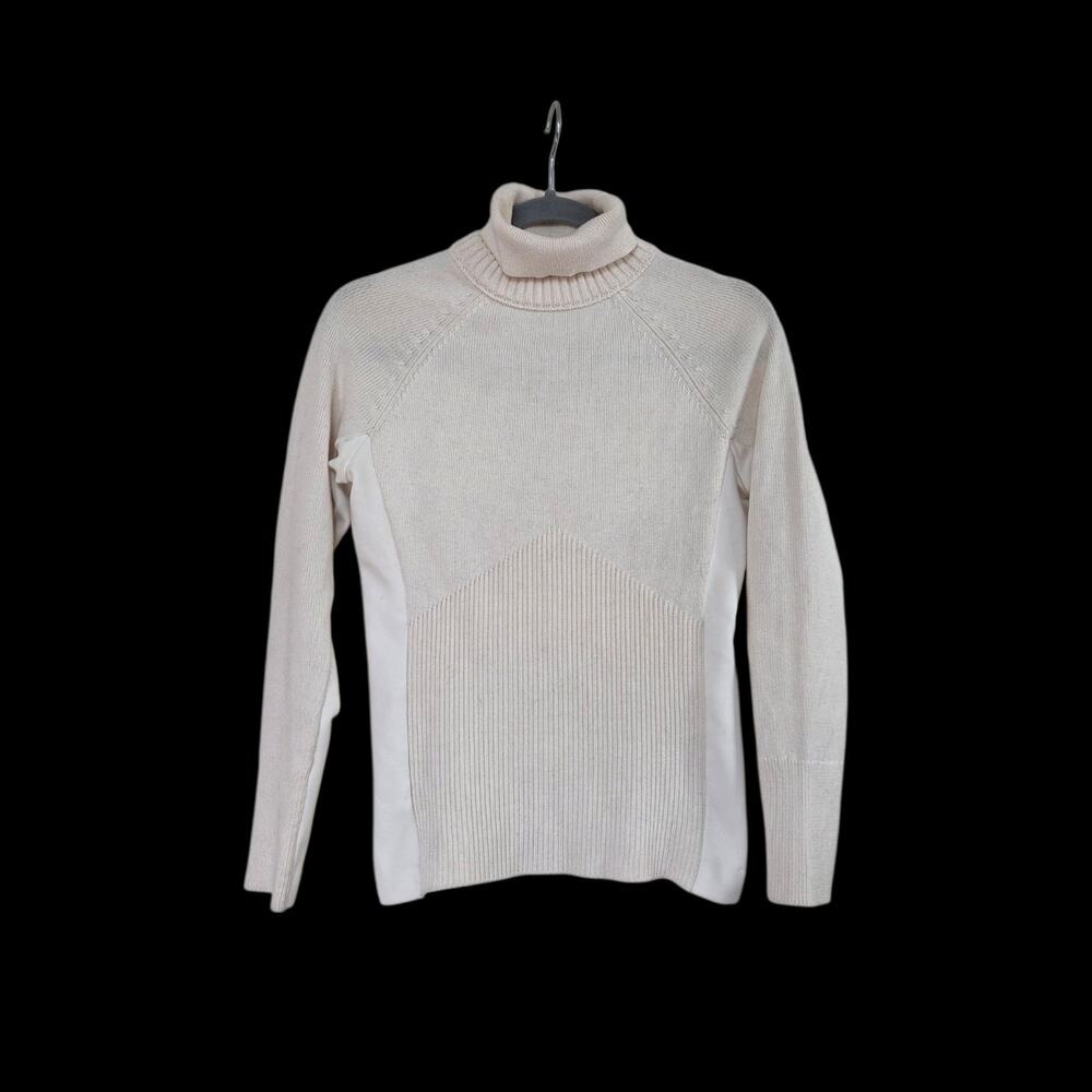 Athleta Mesa Hybrid Ivory Merino Wool T-Neck Stretch Panels Sweater, Size XXS